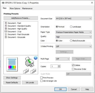 Epson L130 Sublimation Print Settings 01