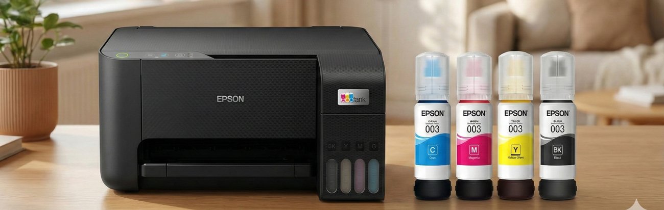 Genuine Epson 003 ink retail packaging boxes for Cyan, Magenta, Yellow, and Black